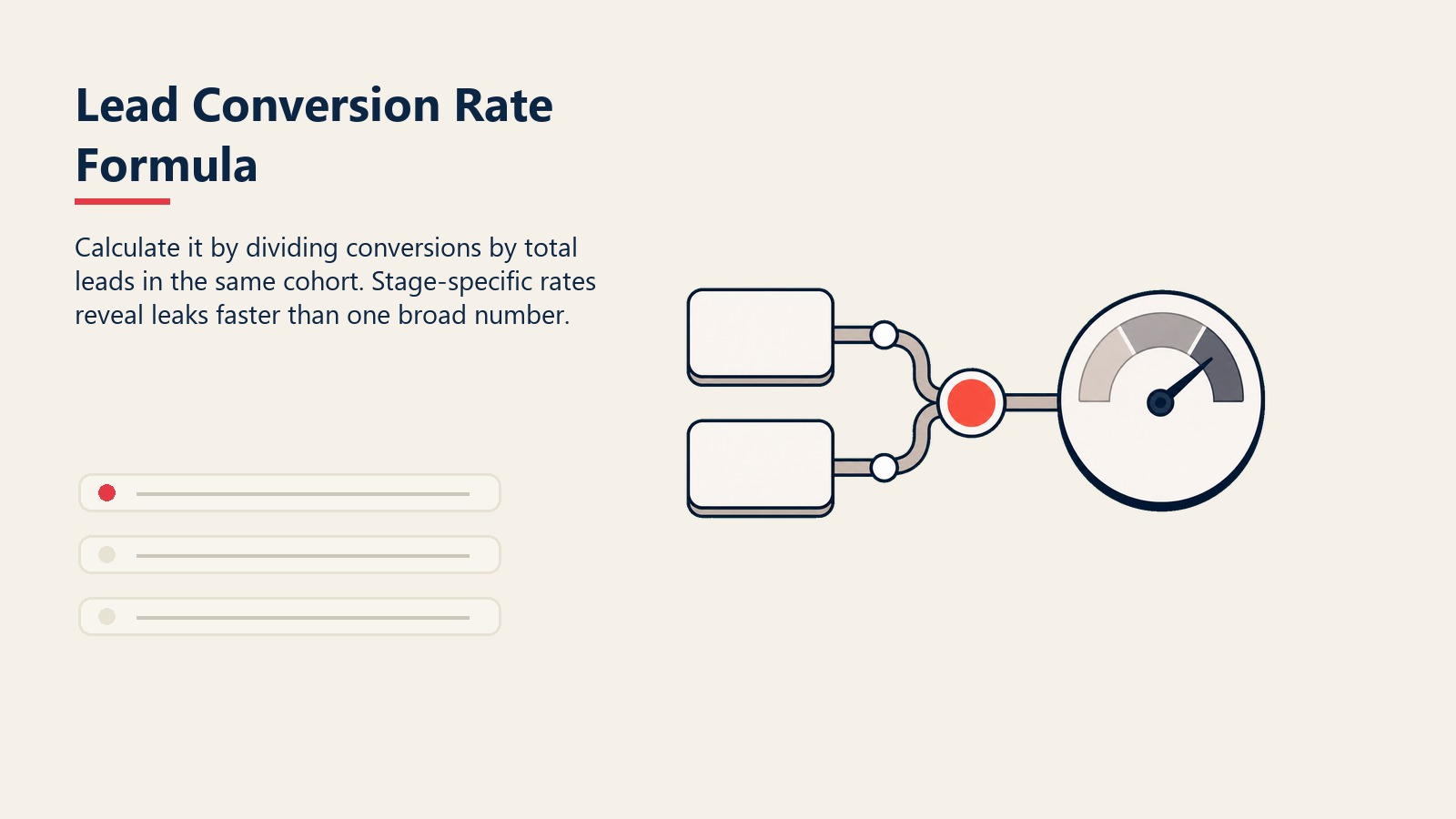 Lead Conversion Rate Formula visual showing conversions and total leads feeding a calculation tray