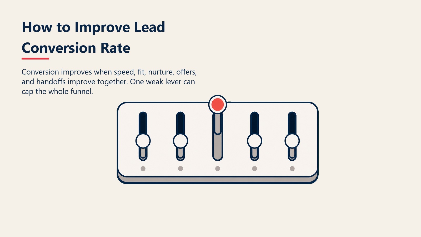 Lead Conversion Improvement Levers visual showing speed, fit, nurture, offers, and handoffs tuned together