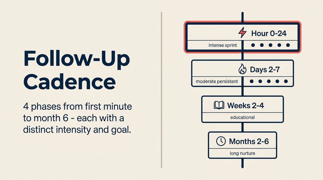 Lead follow-up cadence - 4 phases from Hour 0 to Month 6