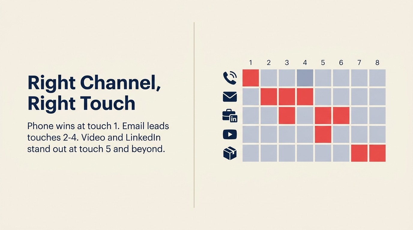 5 follow-up channels mapped to touch number - phone, email, LinkedIn, video, direct mail