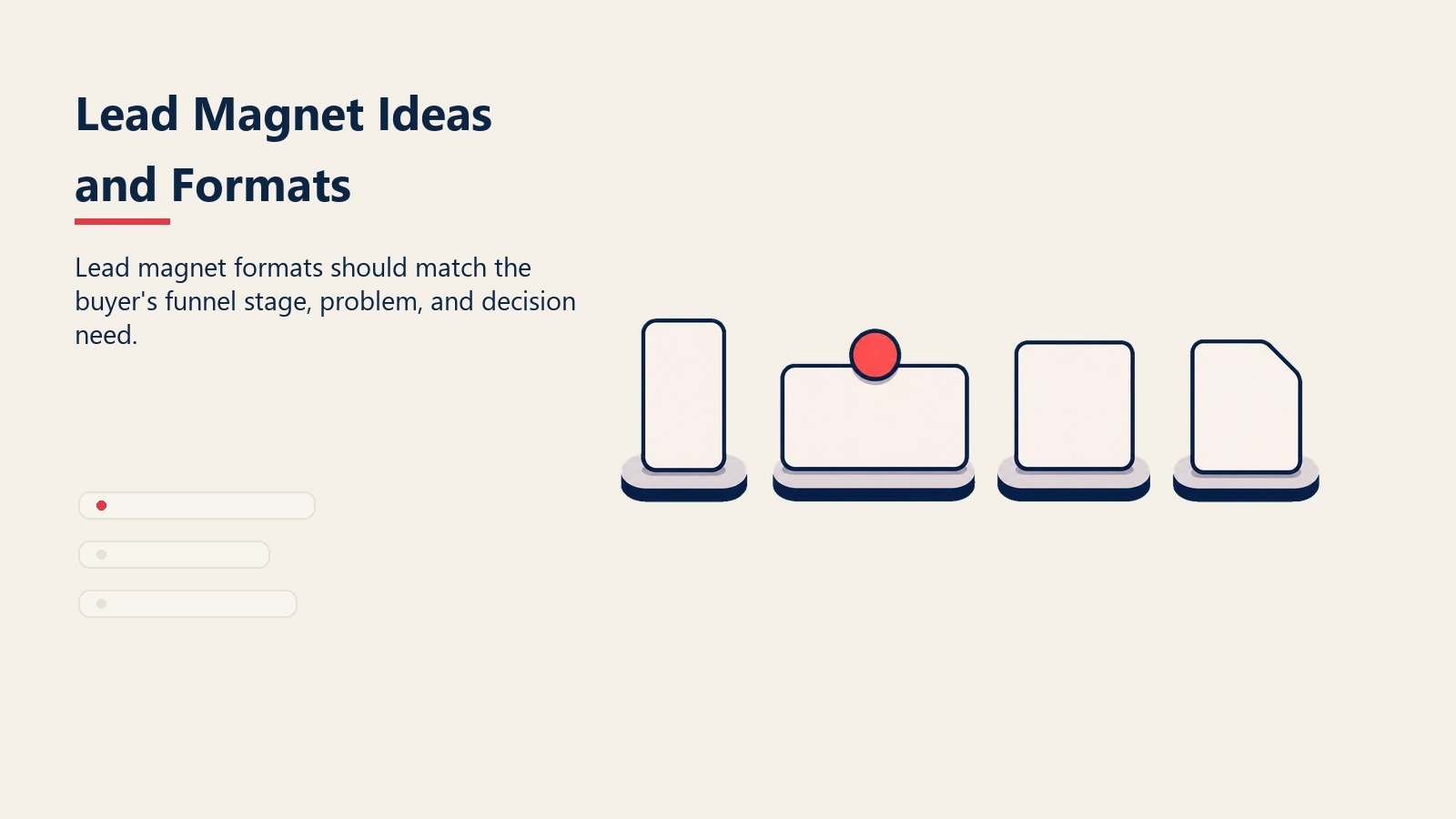 Lead Magnet Ideas and Formats visual showing blank resource cards arranged around an opt-in tray