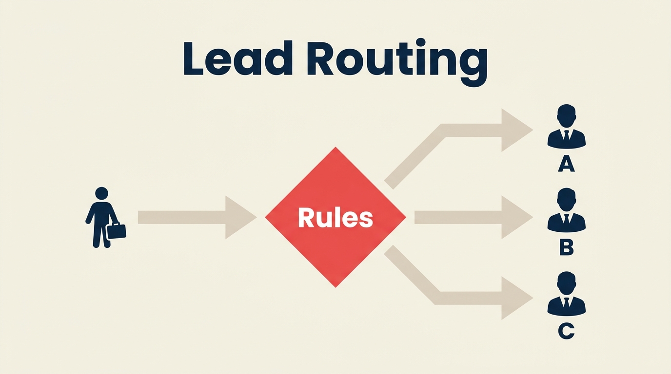 Lead routing workflow diagram with rules and rep assignment