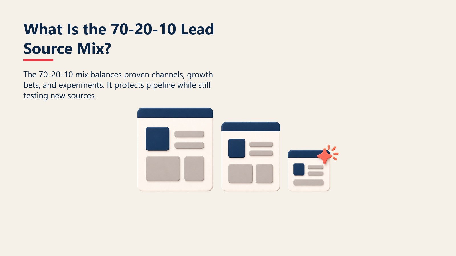 70-20-10 Lead Source Mix visual showing proven channels, growth bets, and experiments in a resilient portfolio