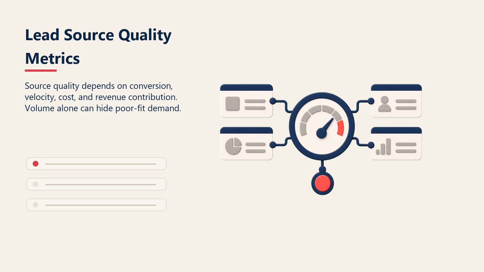 Lead Source Quality Metrics visual showing conversion, velocity, cost, and revenue contribution gauges
