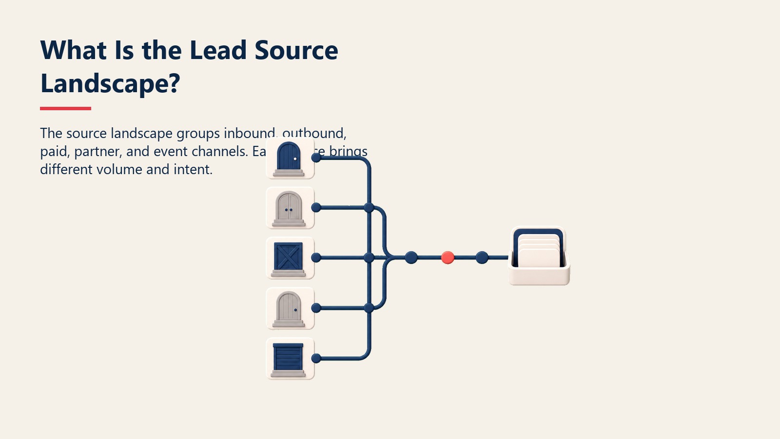 Lead Source Landscape visual showing inbound, outbound, paid, partner, and event channels entering one lead system