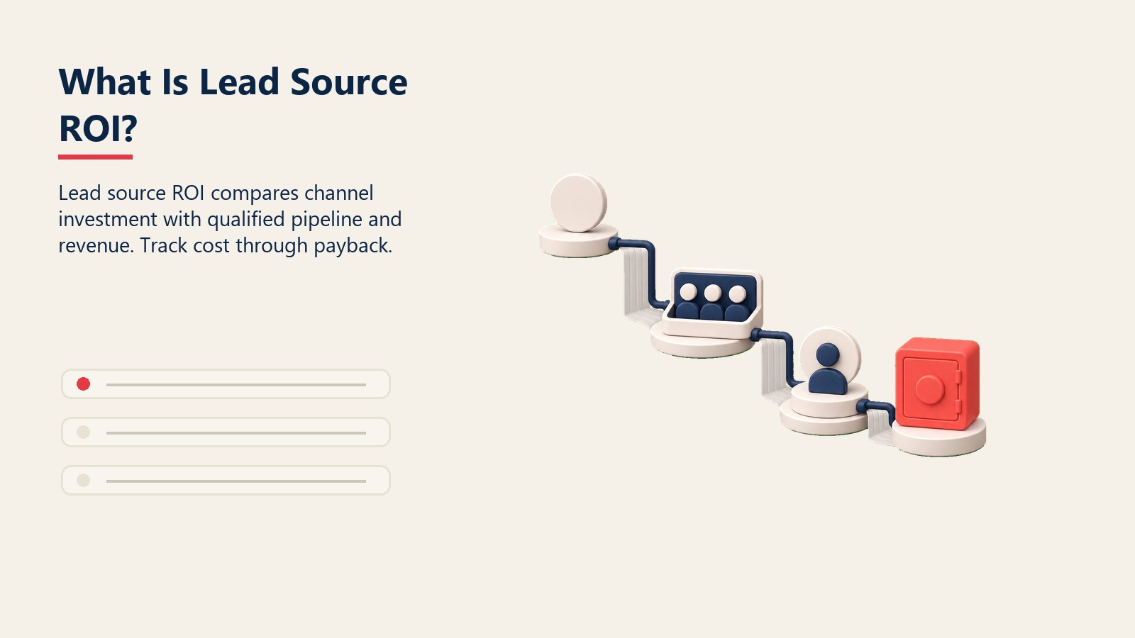 Lead Source ROI visual showing channel investment balanced against pipeline, revenue, customer value, and payback