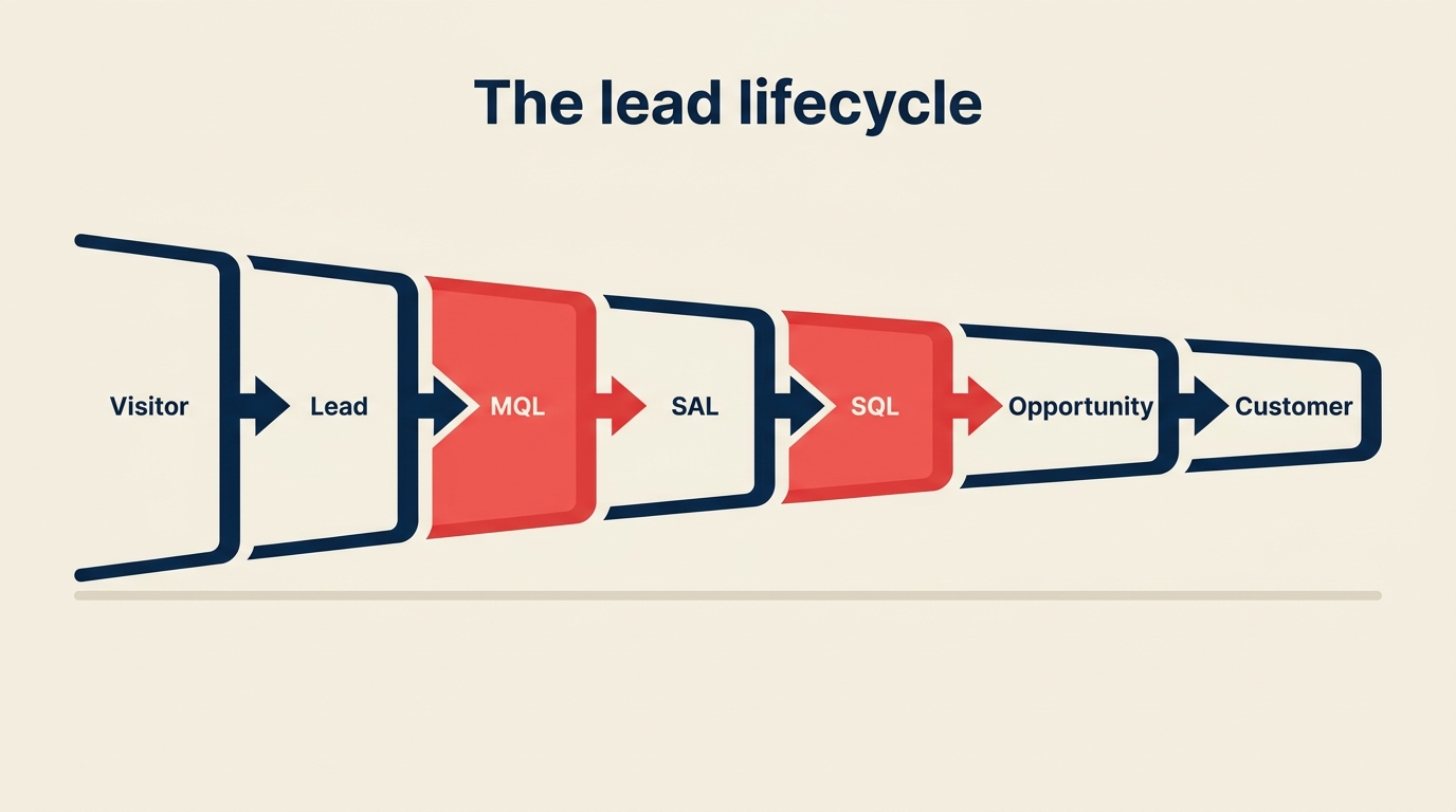 The lead lifecycle: visitor, lead, MQL, SAL, SQL, opportunity, customer