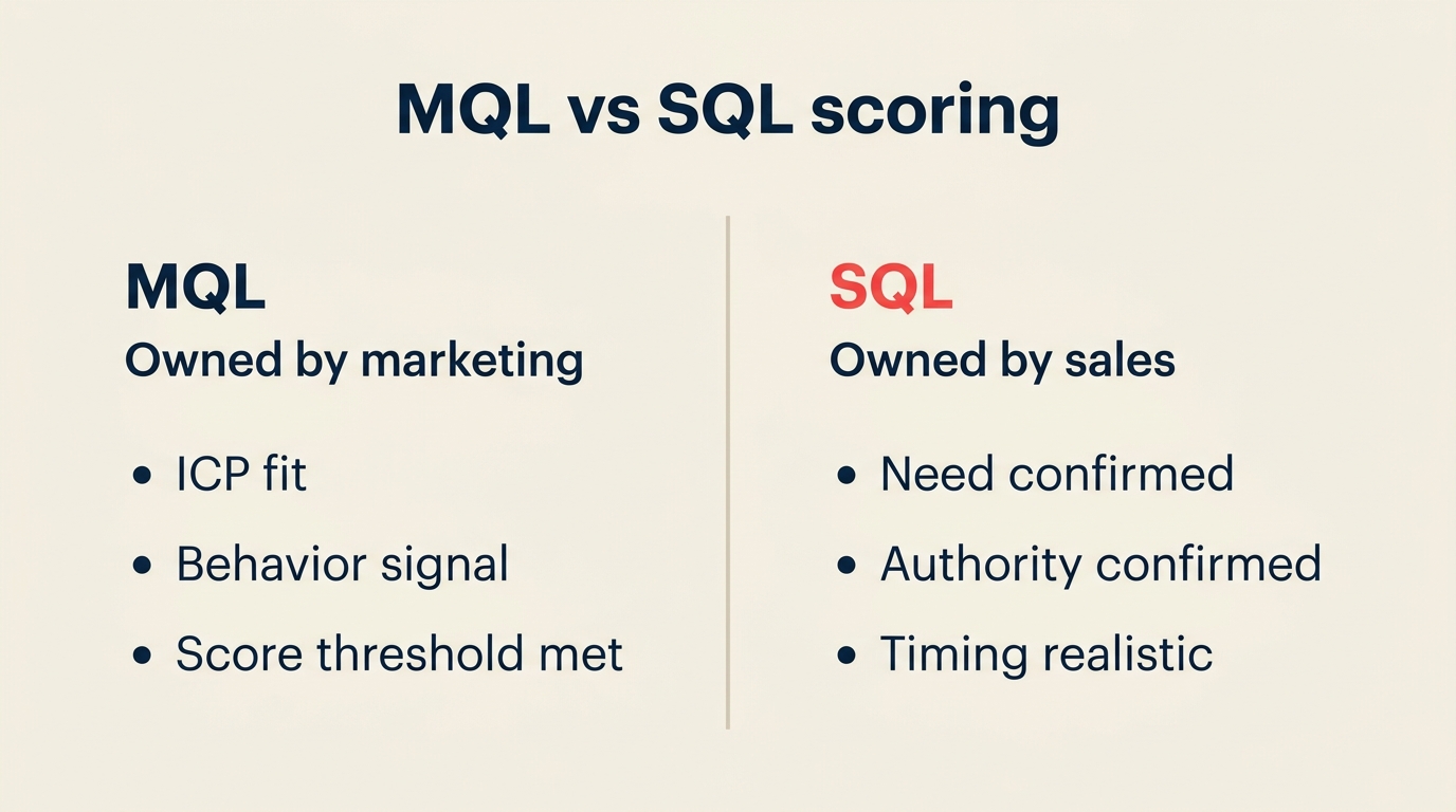 MQL vs SQL scoring criteria: behavior + ICP fit becomes MQL; need + authority + timing becomes SQL