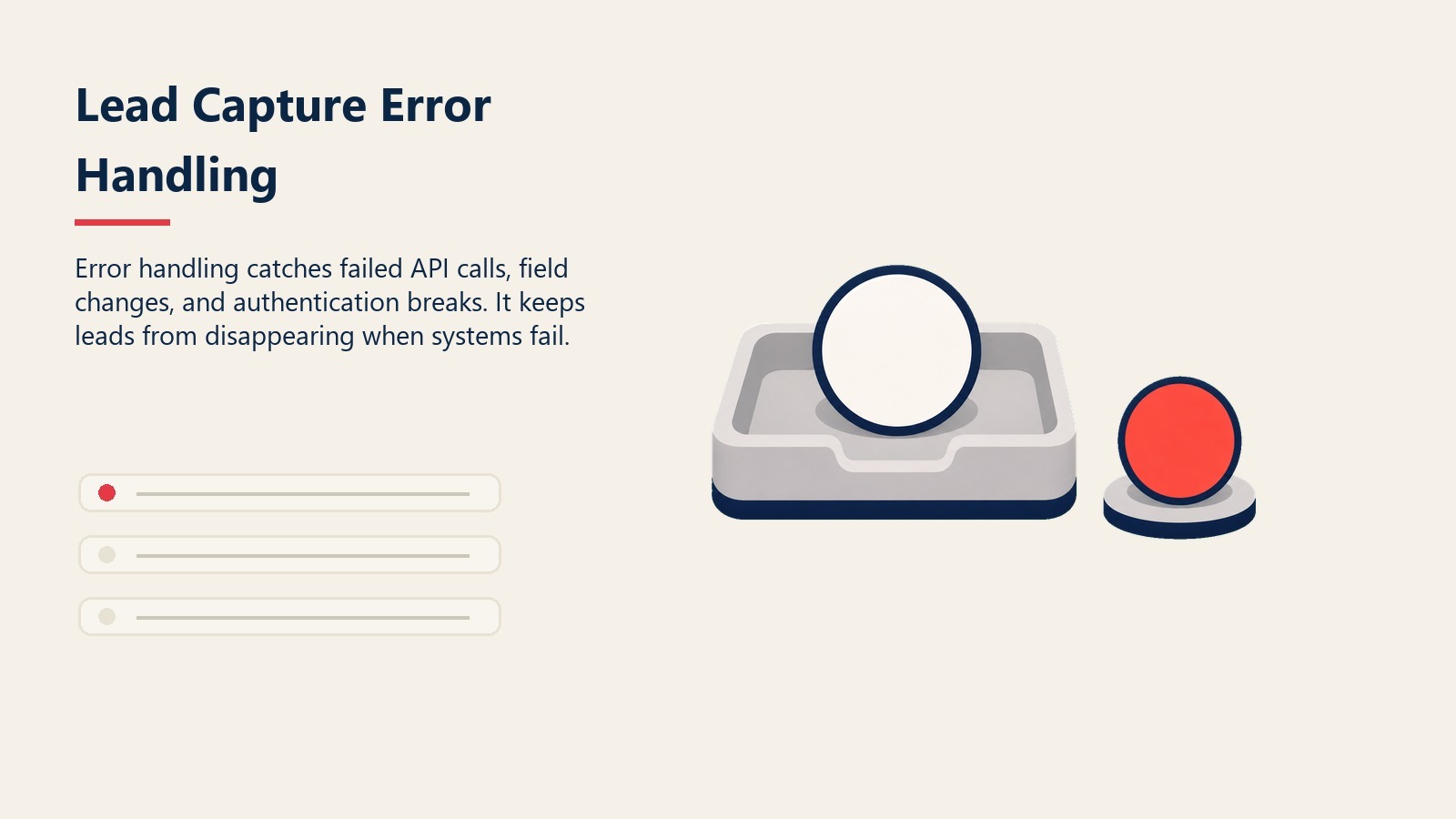 Lead Capture Error Handling visual showing a failed lead token caught by a recovery tray