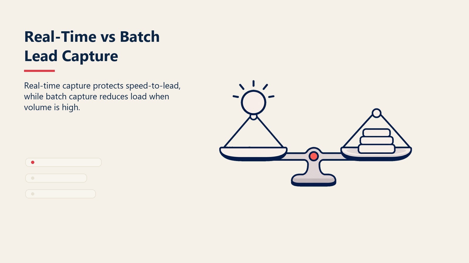 Real-Time vs Batch Lead Capture visual showing instant signal and scheduled tray feeding one intake point