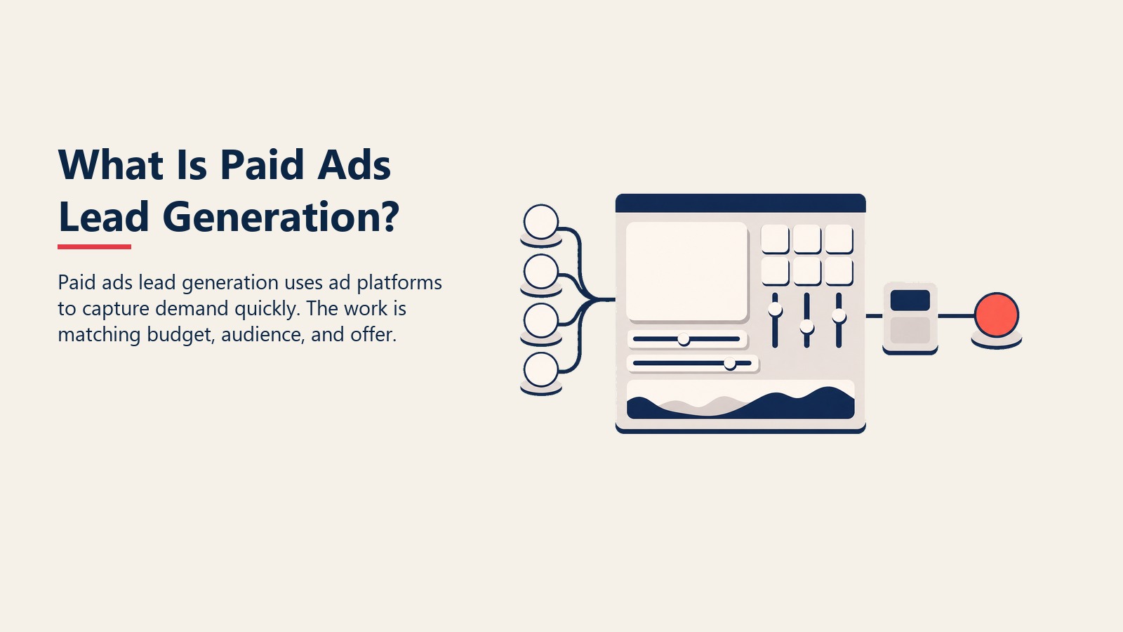 What Is Paid Ads Lead Generation? visual showing ad platform control panel turning budget tokens into a qualified lead path