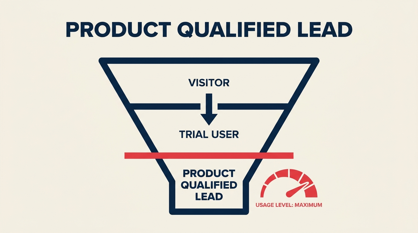 Product qualified lead funnel showing a user crossing a product usage threshold into sales-ready status
