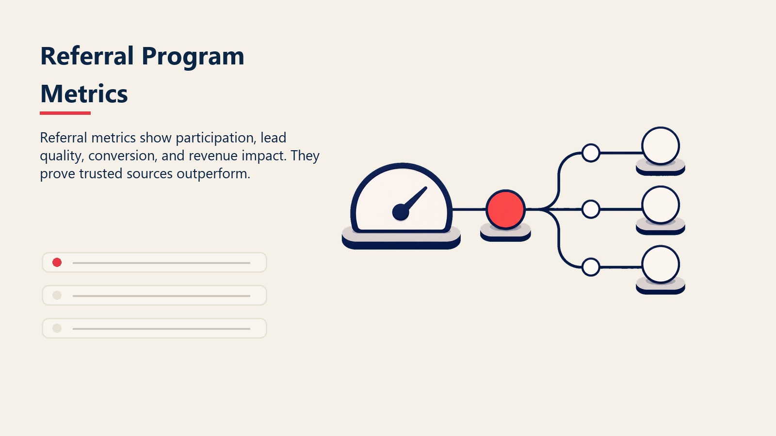 Referral Program Metrics visual showing a gauge connected to quality, conversion, revenue, and reward tokens