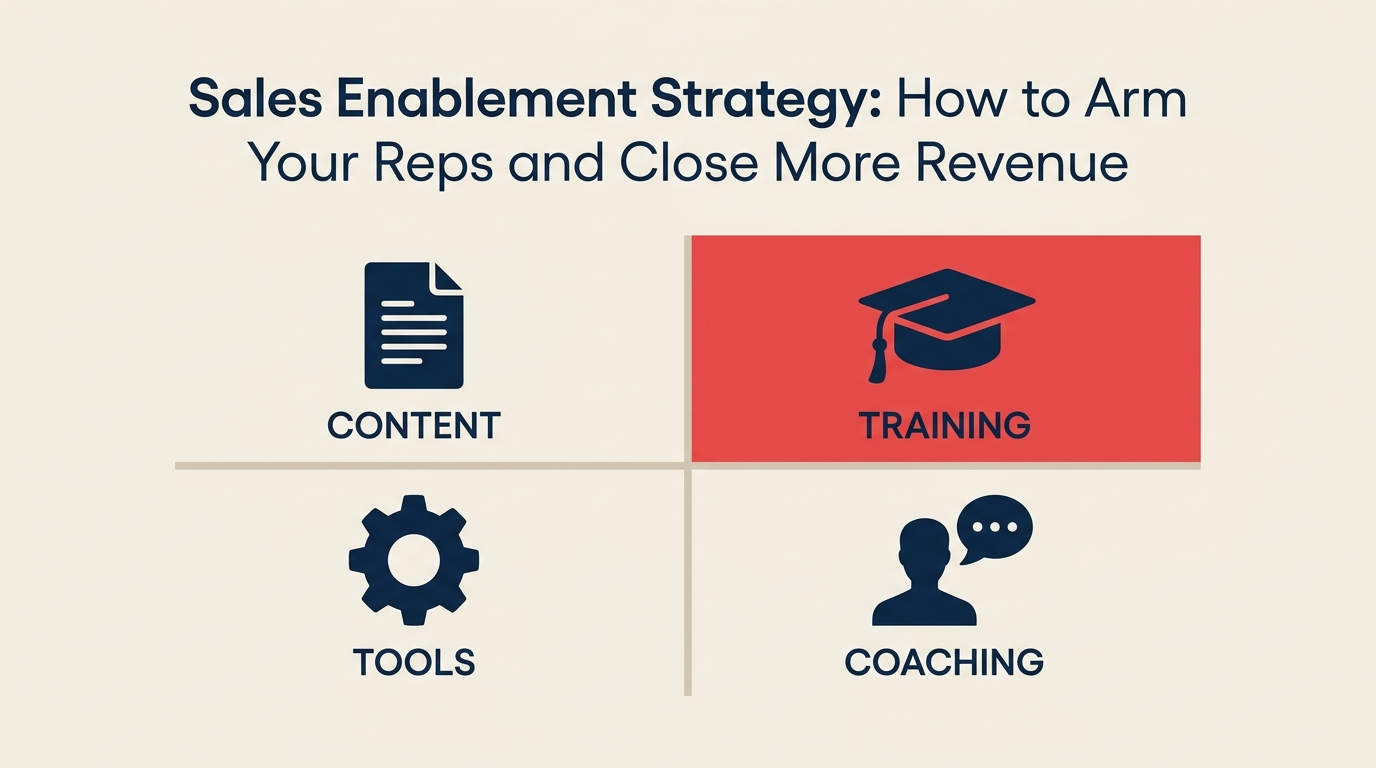 Sales enablement strategy framework showing content, training, tools, and coaching pillars