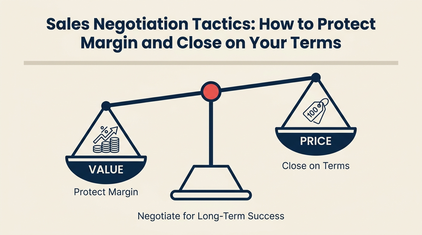 Sales negotiation tactics framework showing preparation, value anchoring, concession management, and closing