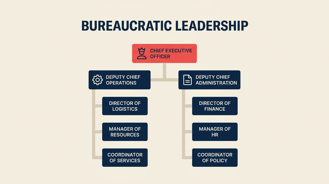 Bureaucratic leadership hierarchy org chart with one highlighted top role