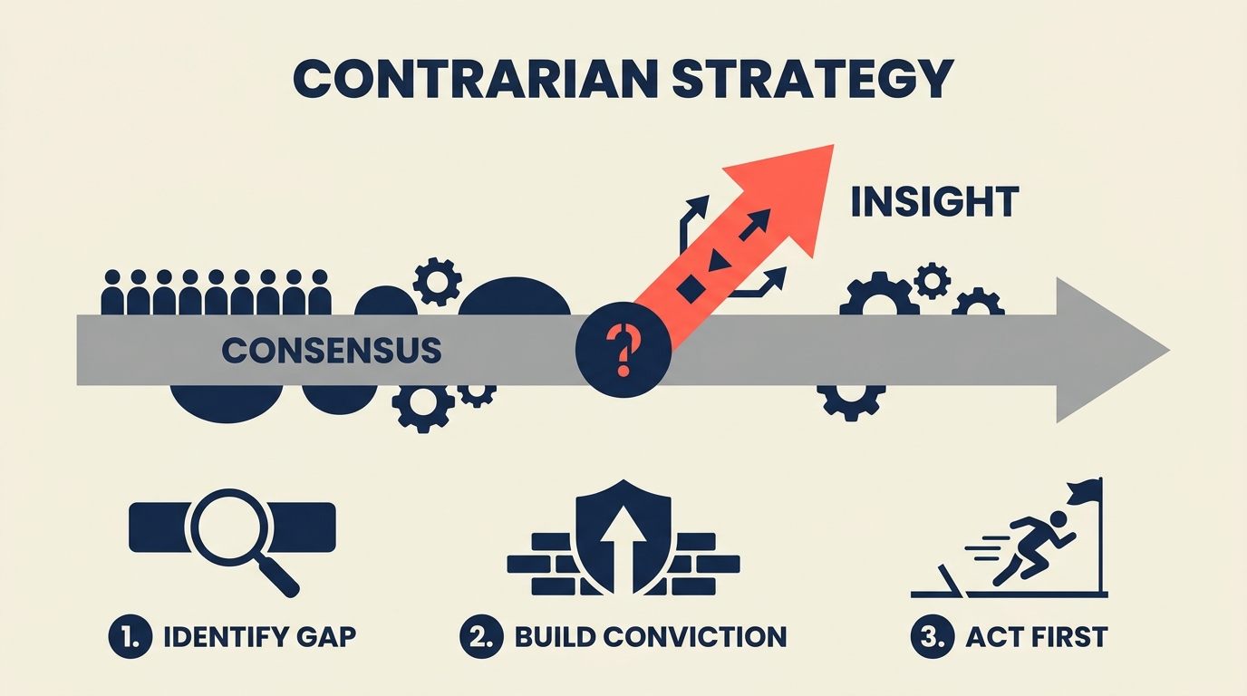 Contrarian Strategy illustrated as one compass needle deliberately diverging from a bundle of identical arrows