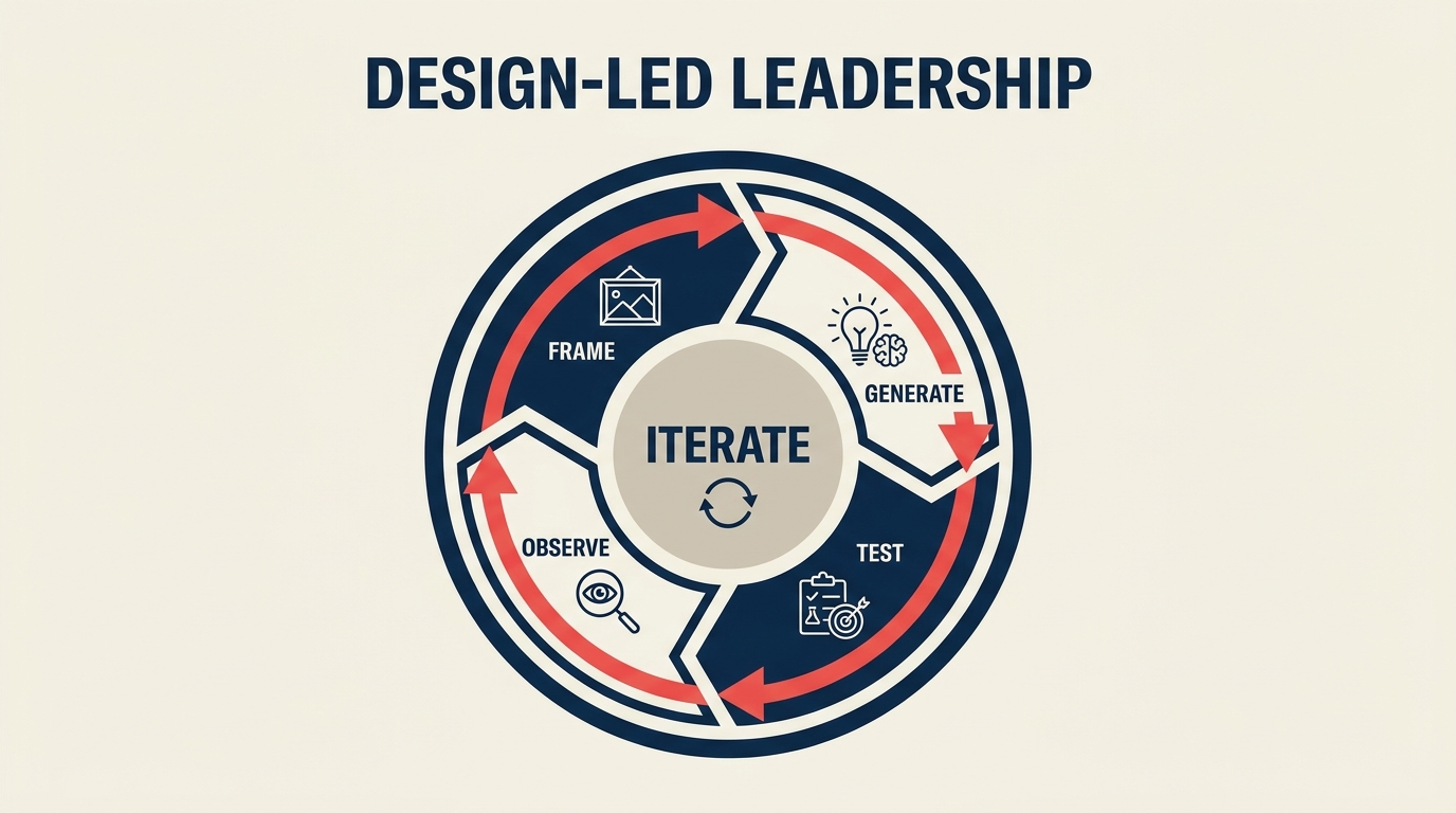 Framework de liderança orientada pelo design mostrando como o design thinking se aplica à estratégia organizacional e à tomada de decisões
