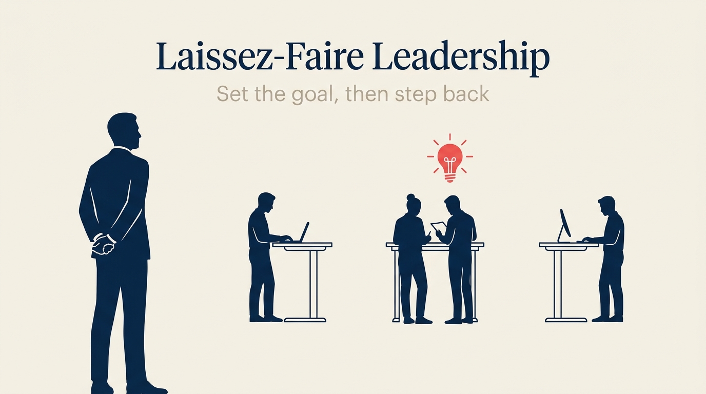 Leader stepping back while team works independently in laissez-faire leadership