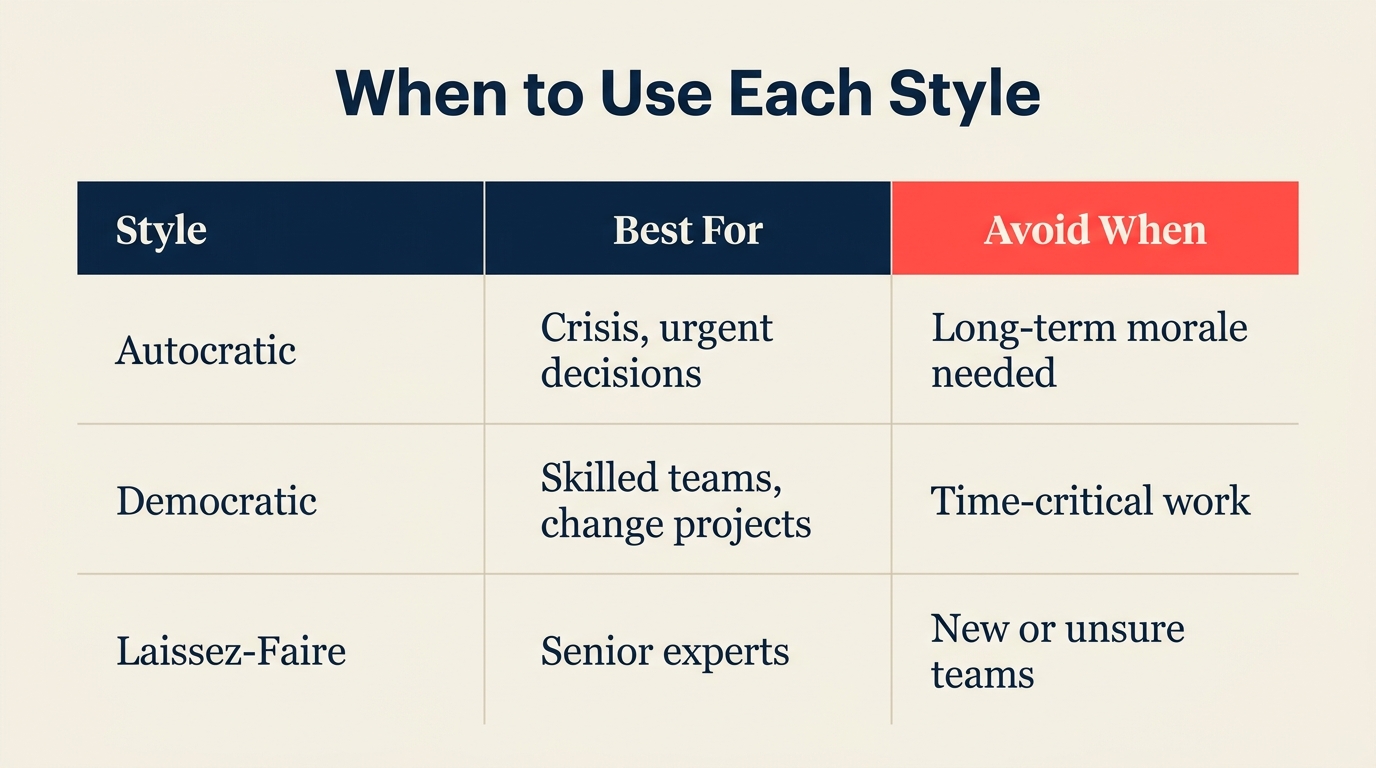 When to use each Lewin leadership style by team and situation