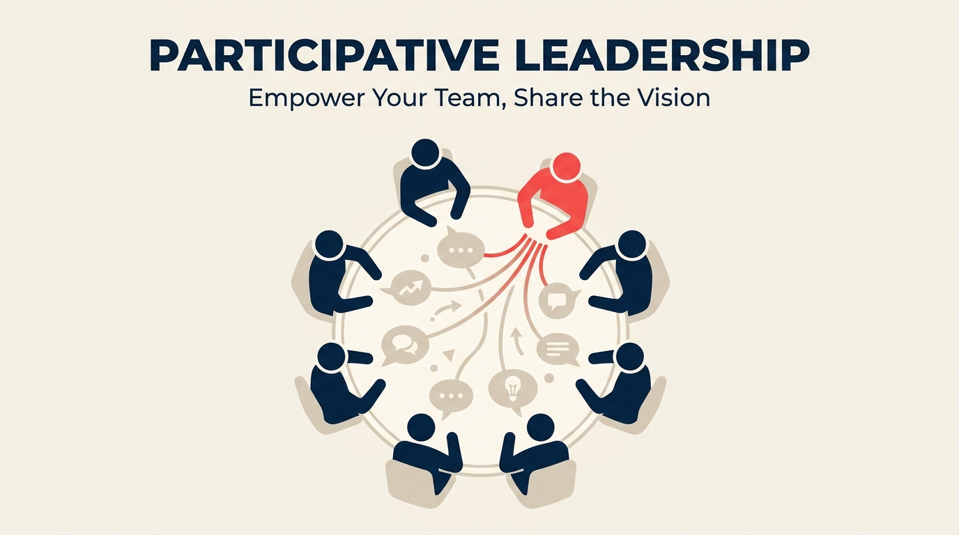 Participative leadership team meeting where members contribute ideas