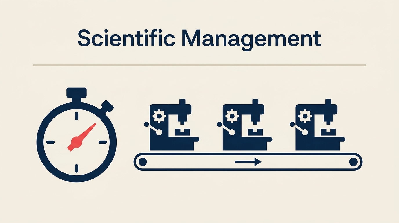 Scientific management theory showing a stopwatch and workflow diagram