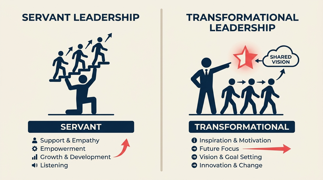 Servant vs transformational leadership compared, one supporting the team and one inspiring a vision
