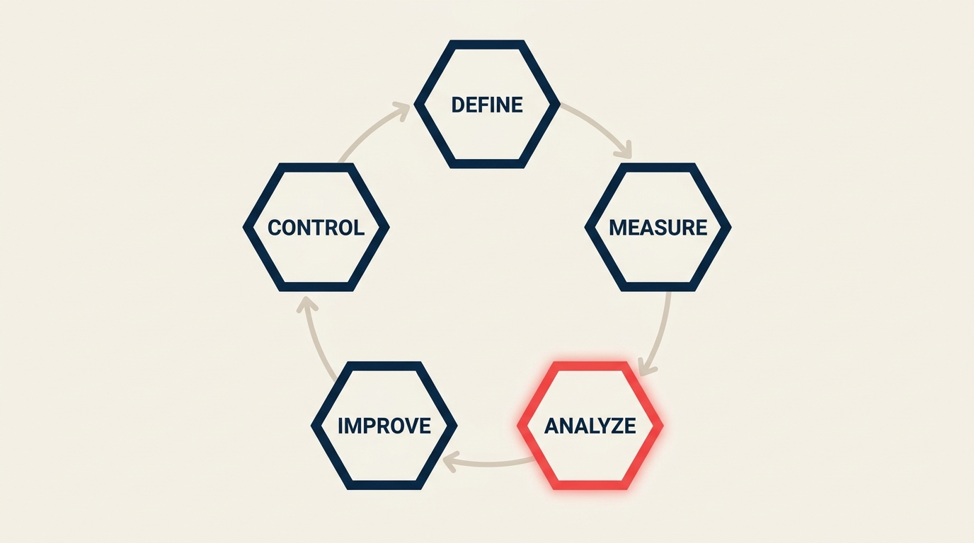 Six Sigma for Leaders illustrated as a precision quality lens filtering variation into consistent outputs