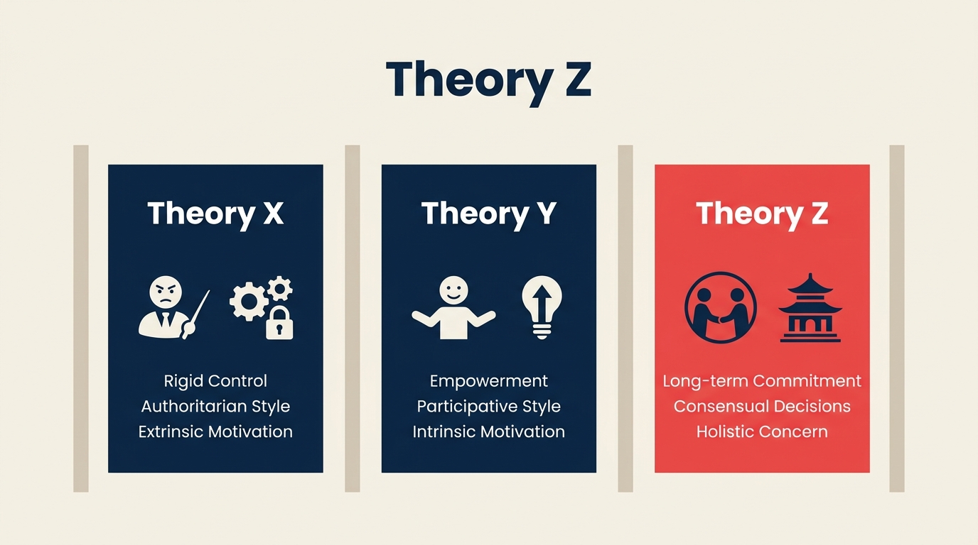 Theory X, Theory Y, and Theory Z compared with Theory Z highlighted