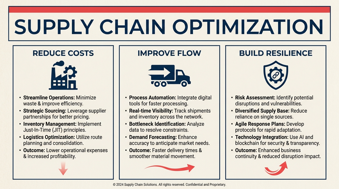 Supply chain optimization framework showing cost reduction, improved flow, and resilience pillars