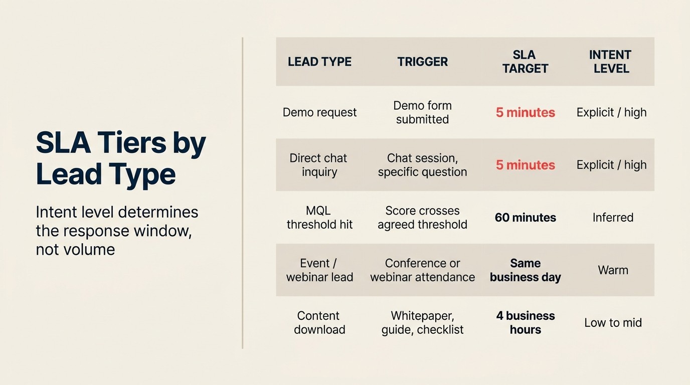 SLA tiers by lead type: 5-minute targets for demo, longer for content