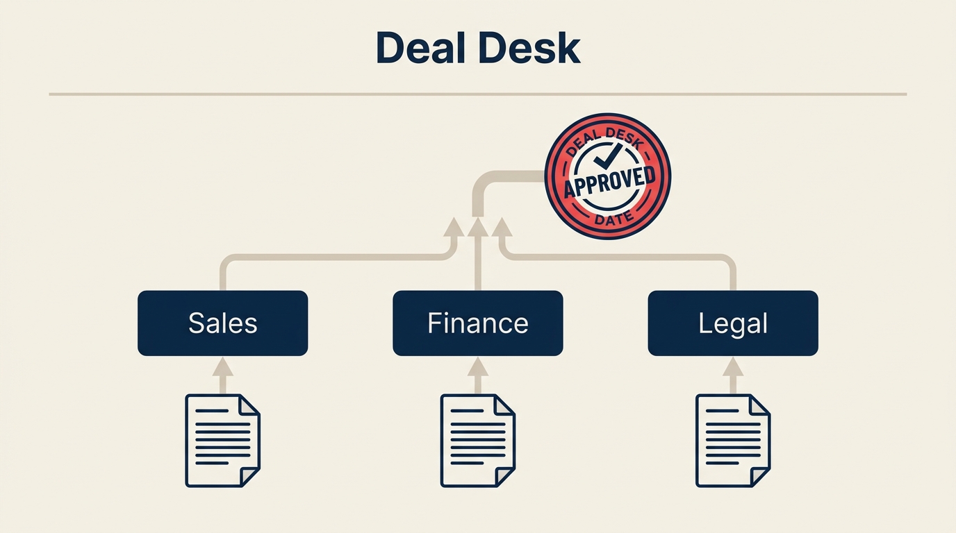 Deal desk approval workflow showing sales, finance, and legal routing a contract to approval