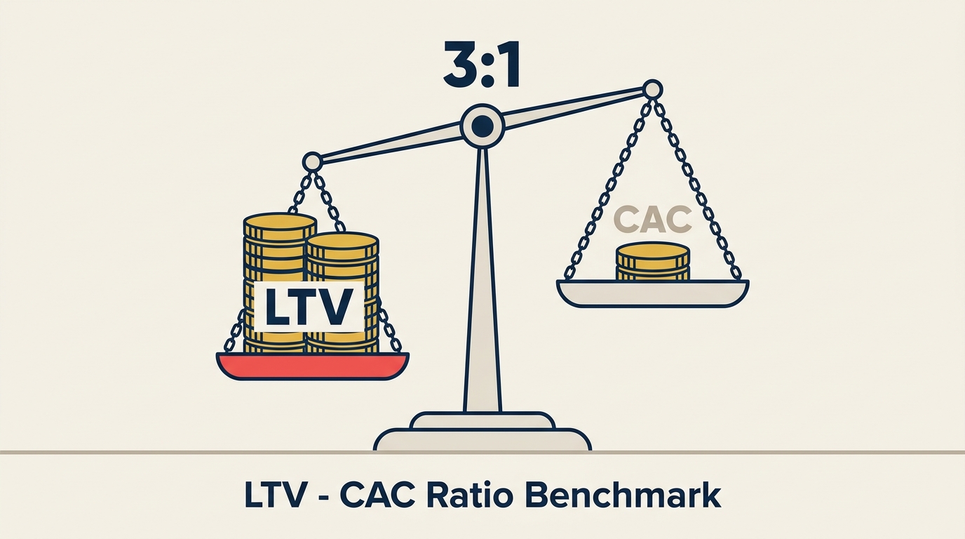 LTV:CAC ratio balance scale showing customer lifetime value versus acquisition cost with 3:1 benchmark