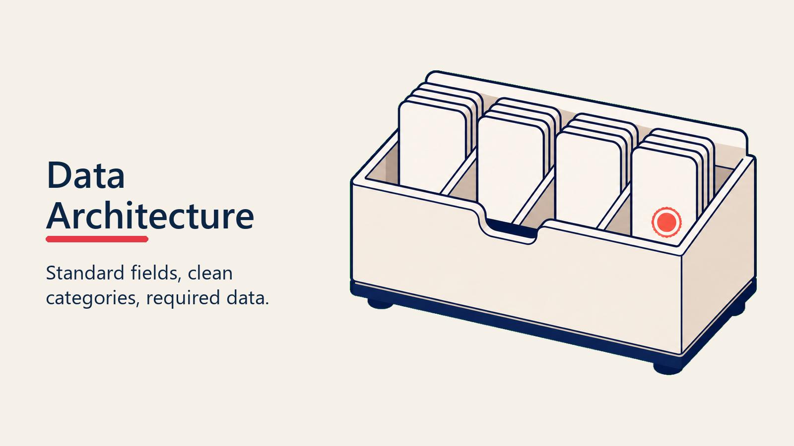 Tidy data cabinet sorting blank field cards into clean governed slots