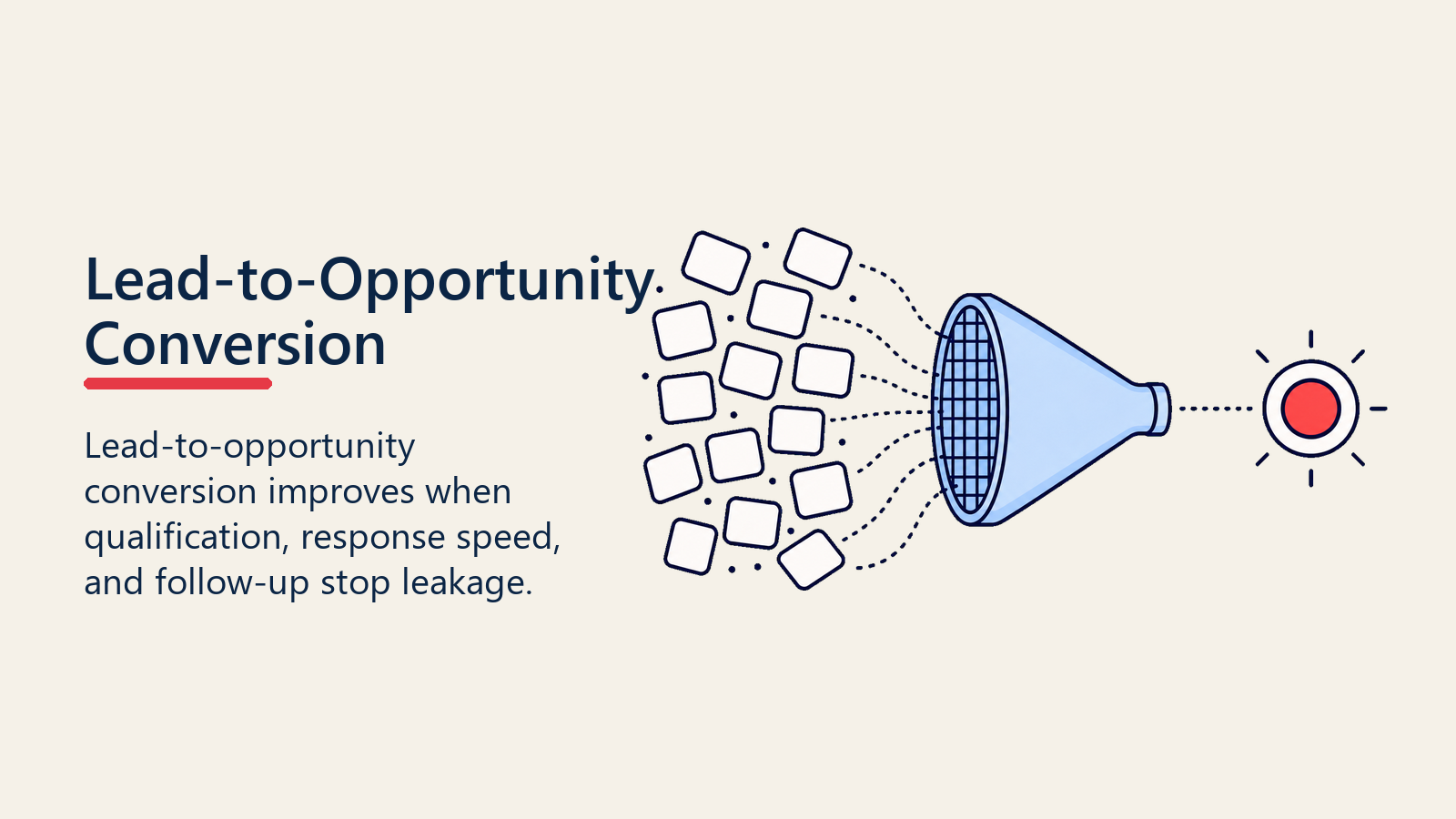Lead-to-opportunity conversion visual filtering lead cards into a qualified opportunity marker