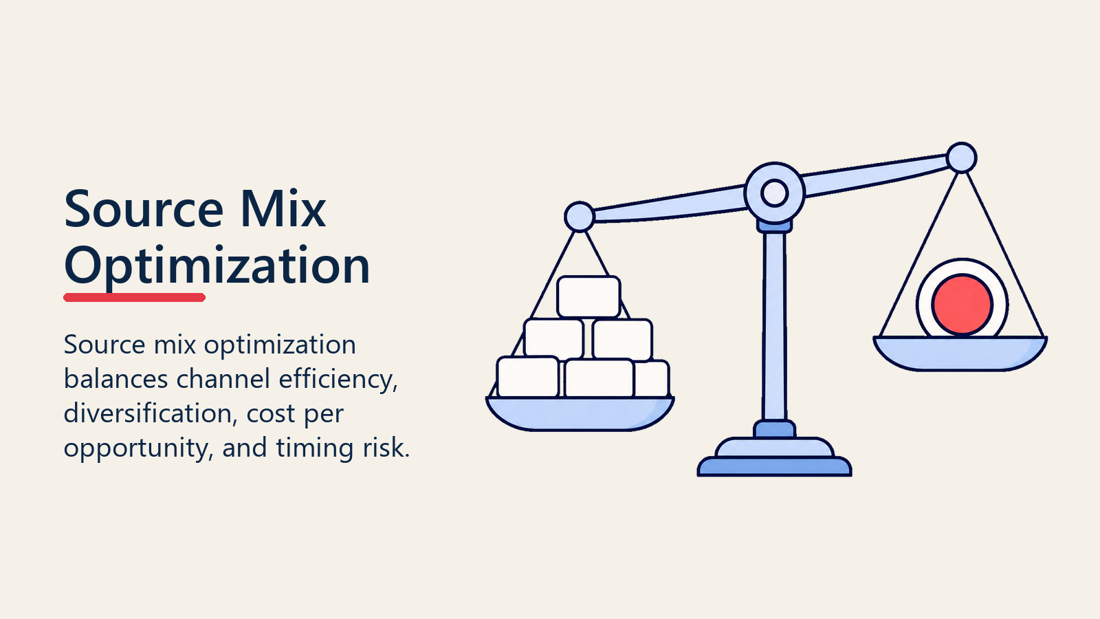 Source mix optimization visual with efficiency and risk balanced on scale