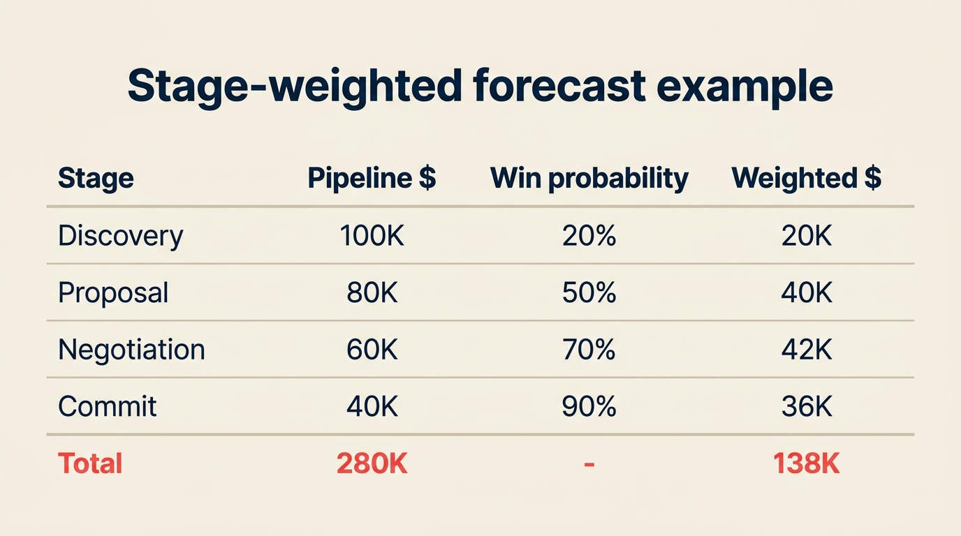 Stage-weighted pipeline example: $100K Discovery x 20% = $20K, $80K Proposal x 50% = $40K, etc.