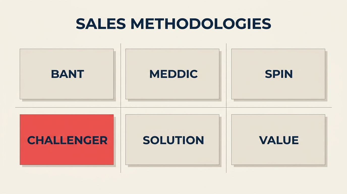 Sales methodologies compared grid: BANT, MEDDIC, SPIN, Challenger, Solution, Value