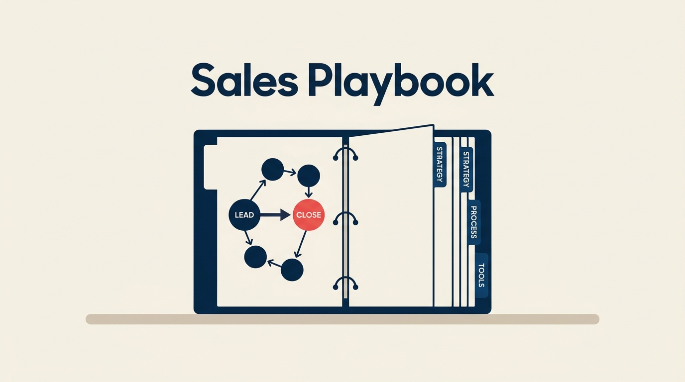 Sales playbook binder with tabbed sections and a play diagram in coral red on a cream background