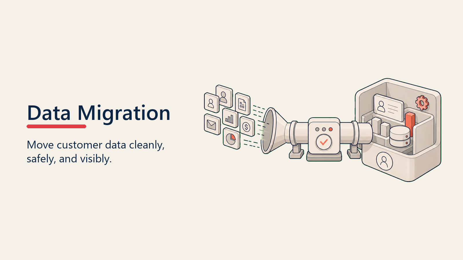 Customer Data Migration shown as a data stream moving through cleaning, mapping, testing, and load checkpoints