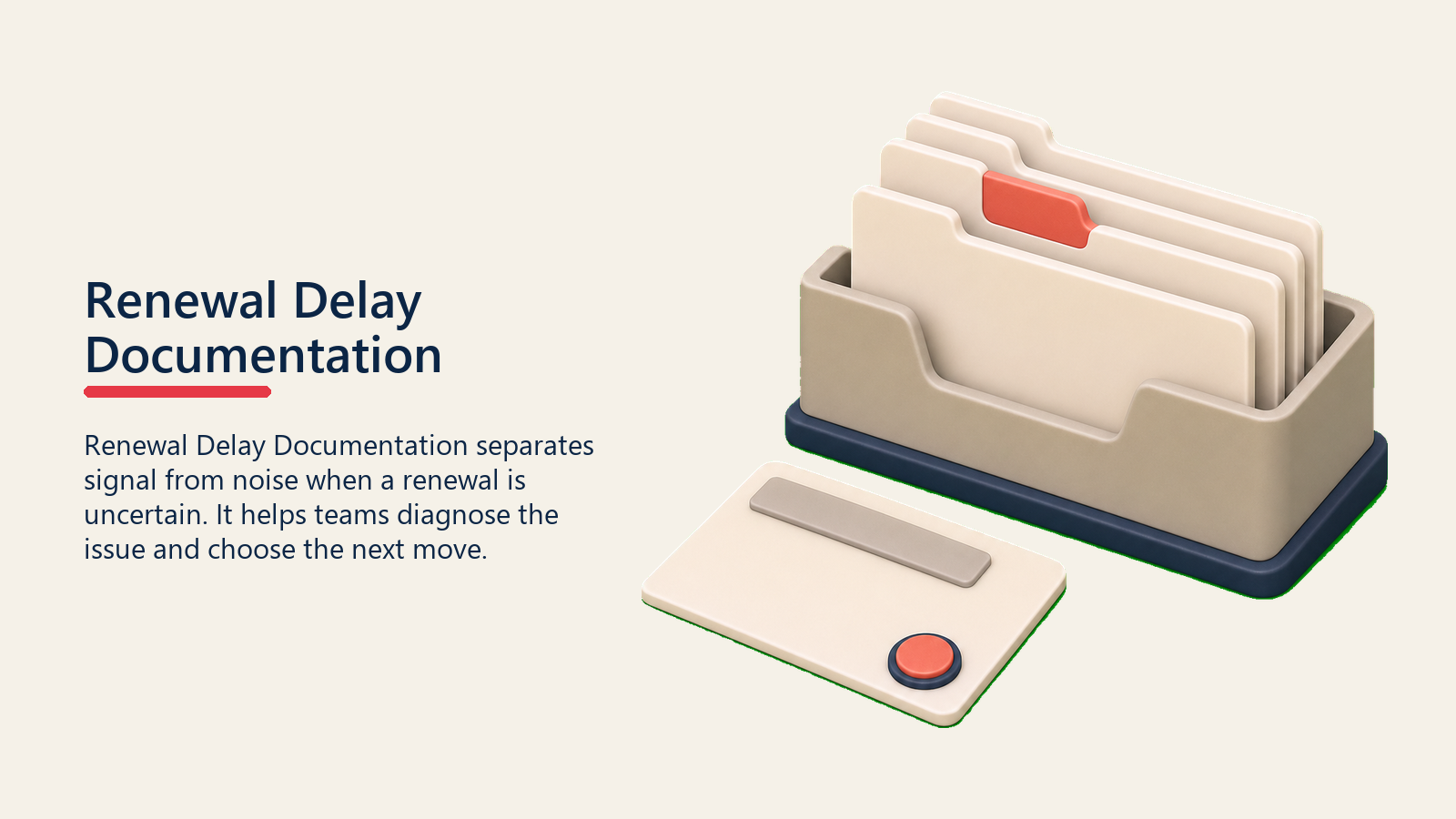Renewal Delay Documentation showing a renewal delay documentation folder capturing blank event cards, with one coral record tab and no text