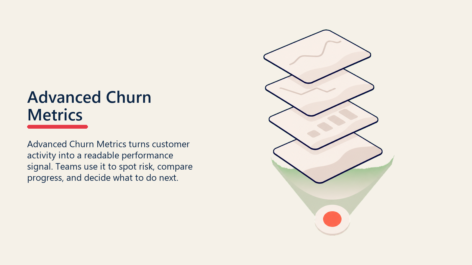 Metrik Churn Lanjutan menampilkan lensa metrik churn lanjutan yang melapisi kartu ekspansi, kontraksi, cohort, dan pendapatan kosong menjadi satu penanda wawasan koral