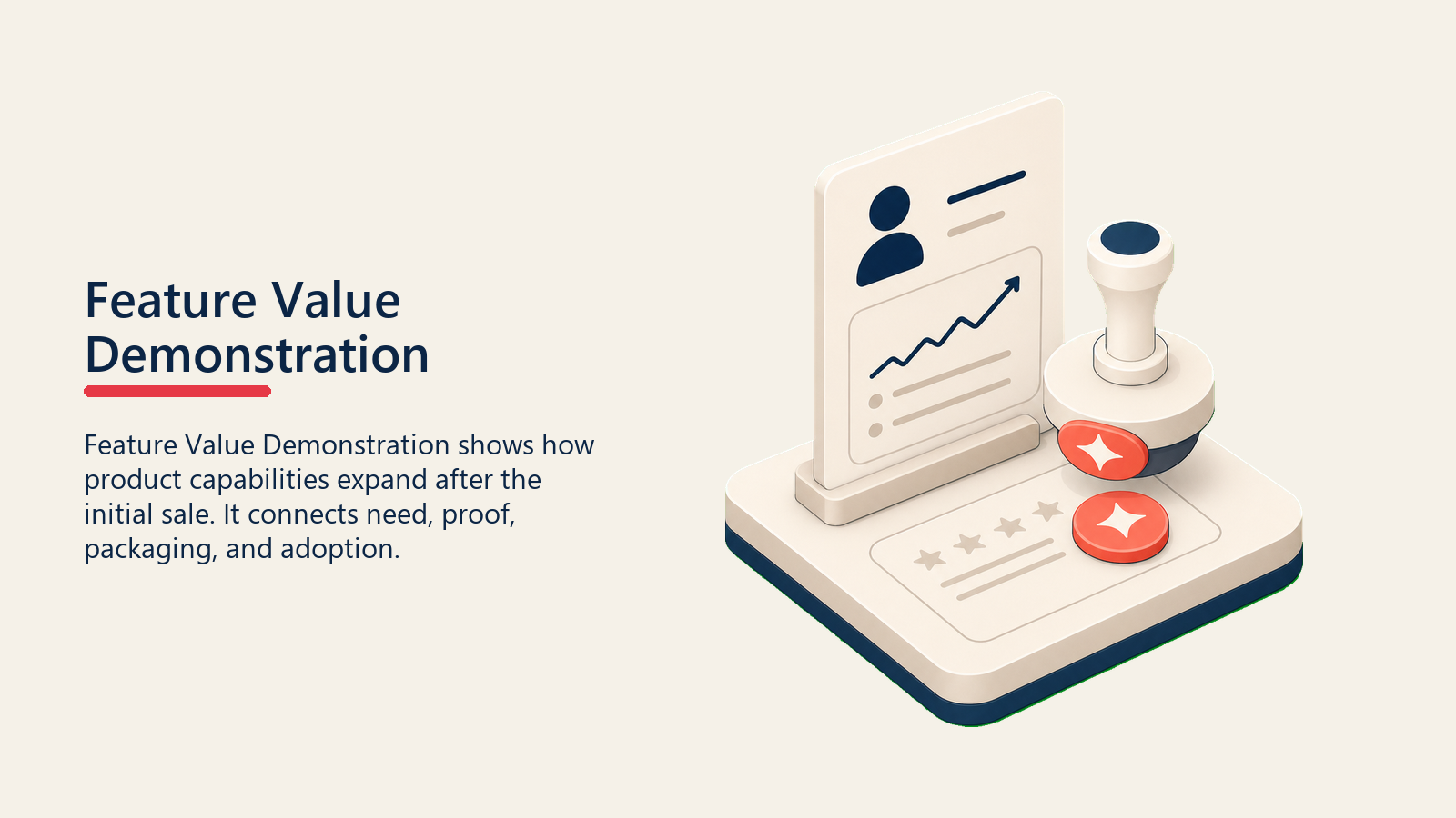 Feature Value Demonstration showing a small product demo stage with a value proof stamp landing on a customer outcome card, with one coral proof marker and no text
