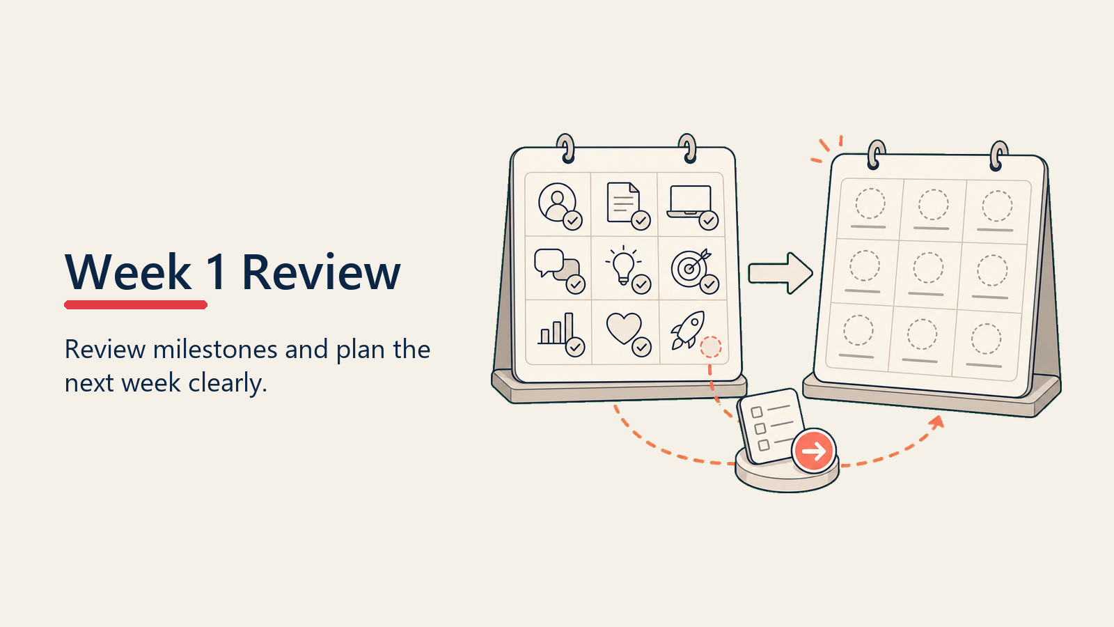 Week One Milestone Review showing milestone review packet with next-week card
