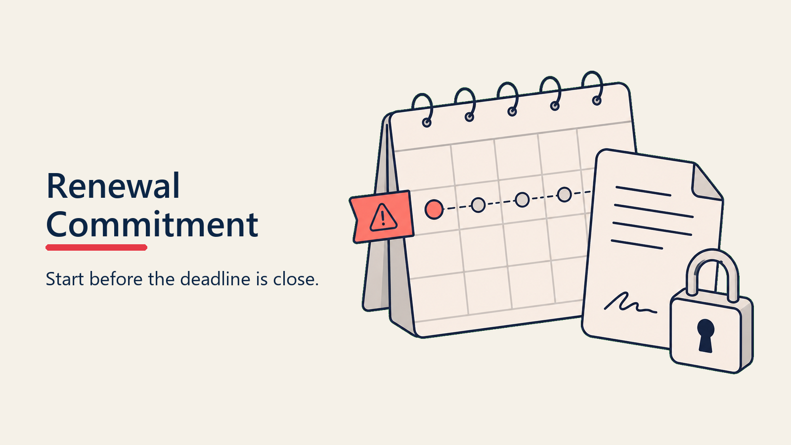 Renewal Commitment shown as a calendar clasp closing around a value proof token
