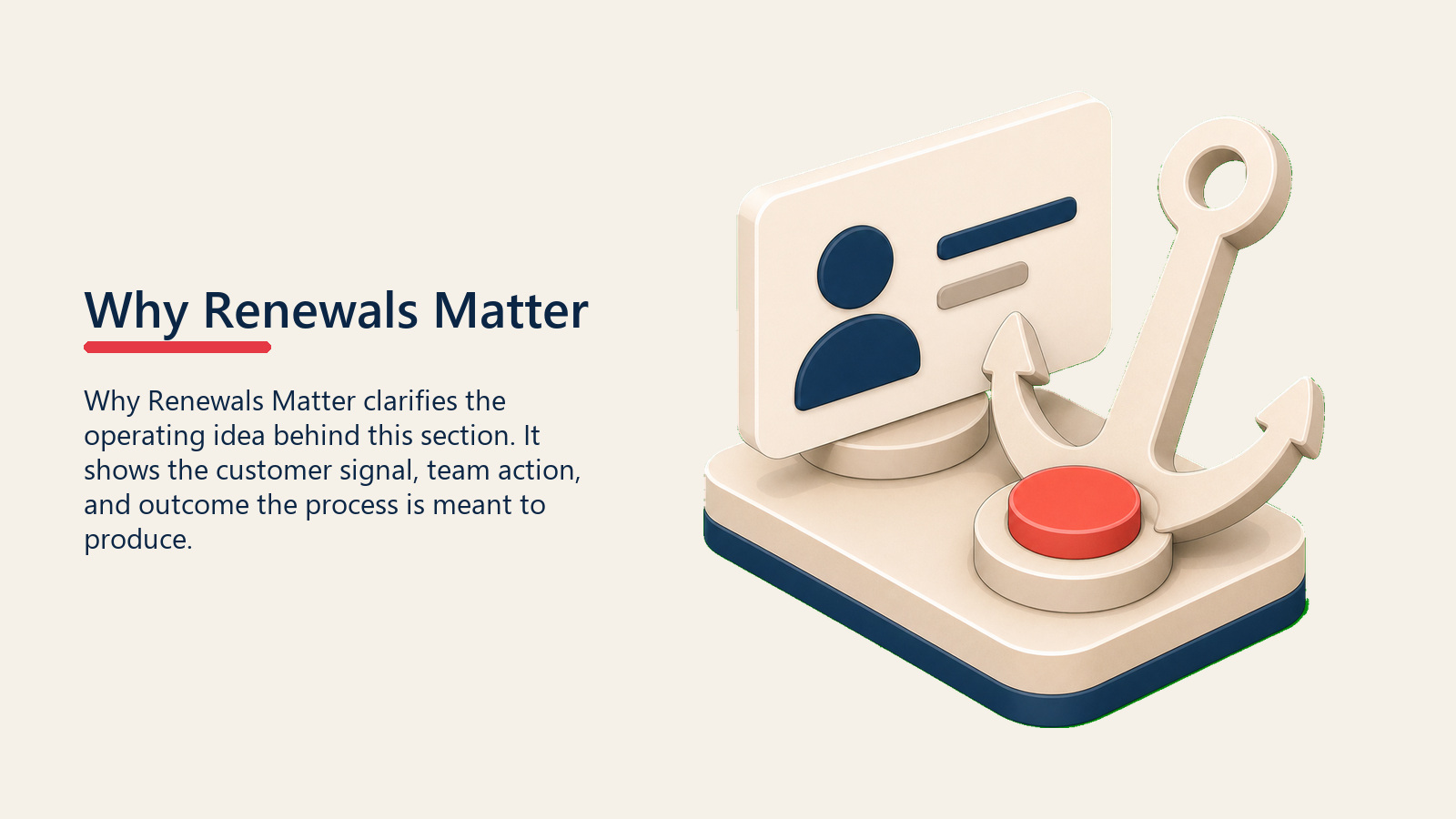 Why Renewals Matter showing a renewal revenue anchor holding a customer relationship card steady, with one coral value marker and no text