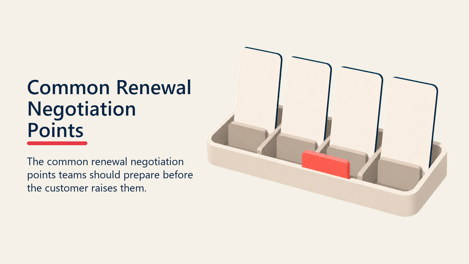 Common Renewal Negotiation Points showing an organized negotiation issue tray with blank cards for price, term, scope, and support, plus one coral focus tile