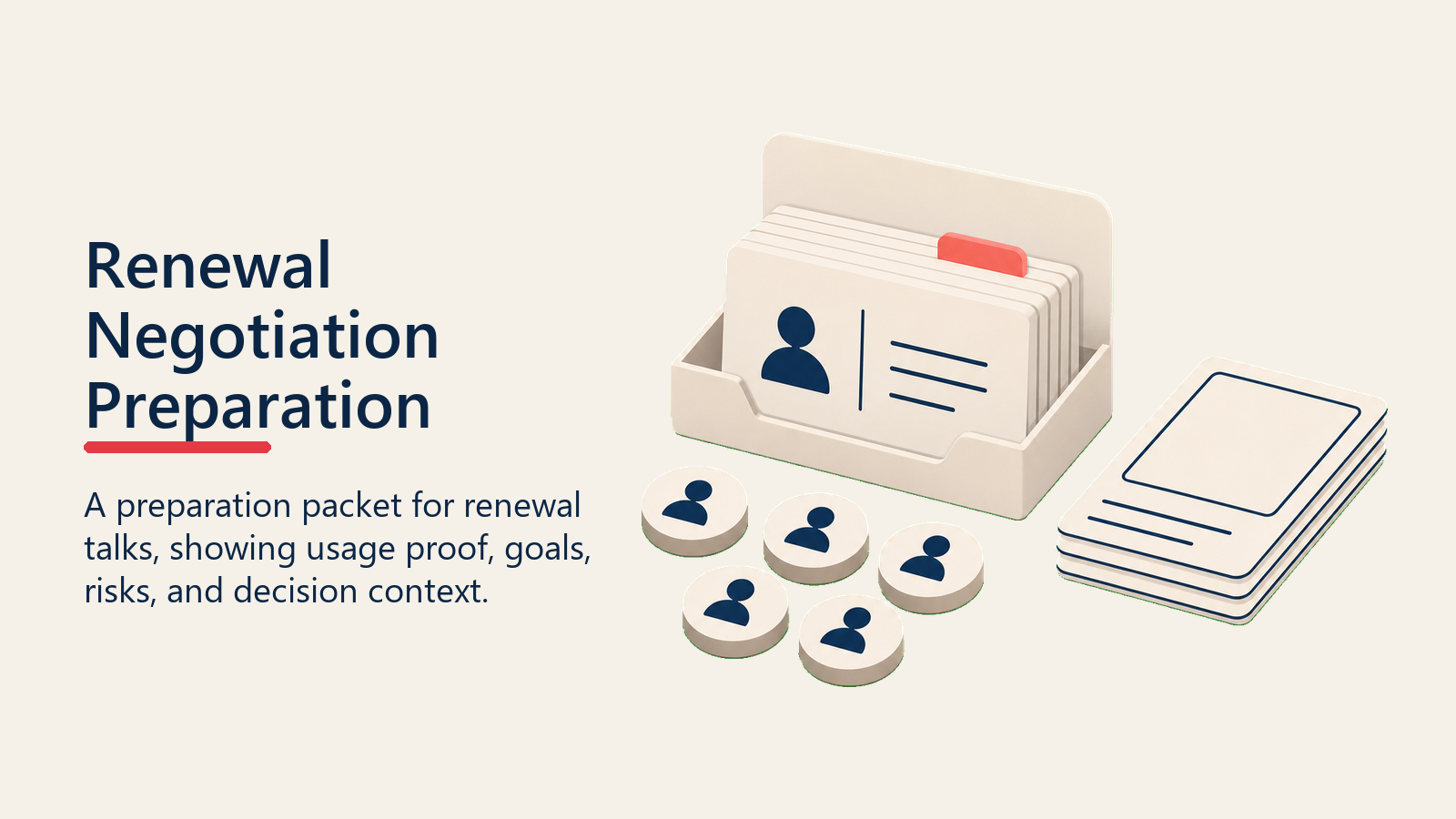 Renewal Negotiation Preparation showing a neat preparation packet with blank usage cards, stakeholder tokens, and one coral readiness tab