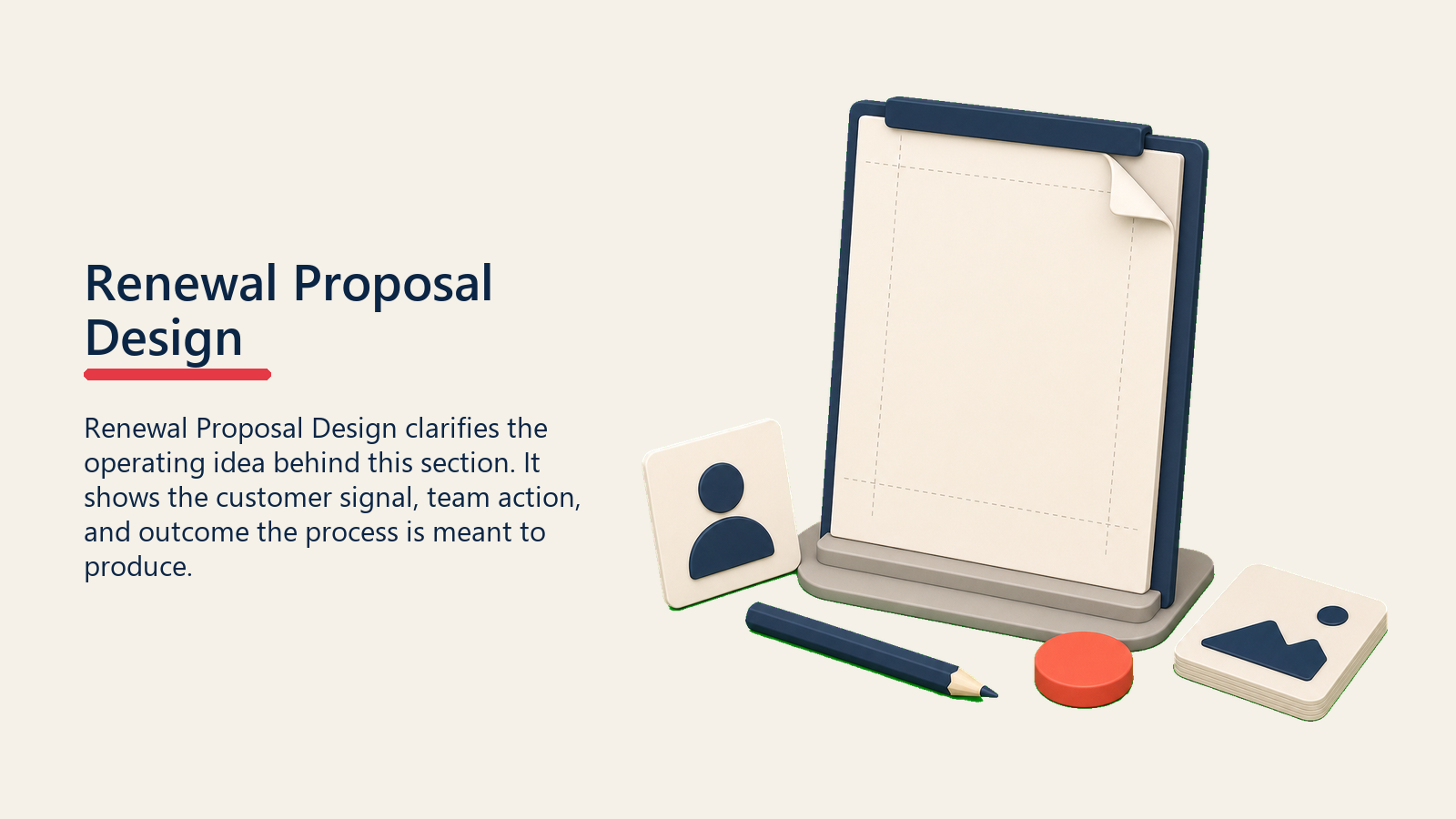 Renewal Proposal Design showing a clean proposal design frame with a blank page, spacing guides, and one coral design marker, no text