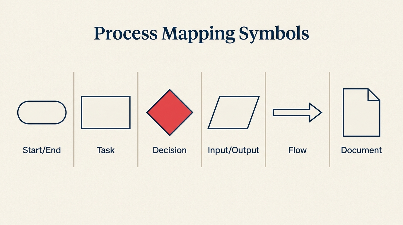 Standard process mapping symbols: oval start/end, rectangle task, diamond decision, parallelogram input